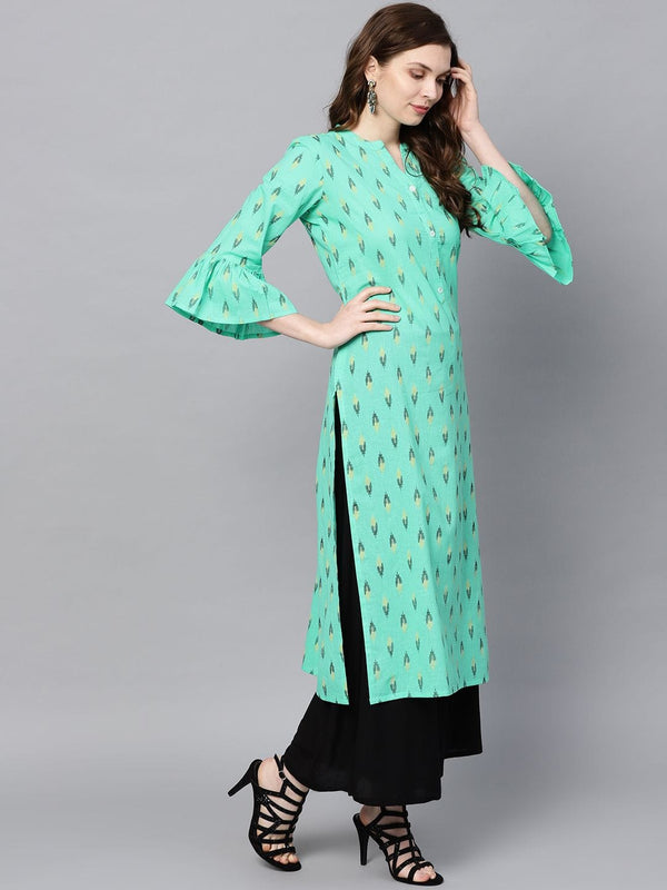 Women's Sea Green & Yellow Printed Straight Kurta - Varanga