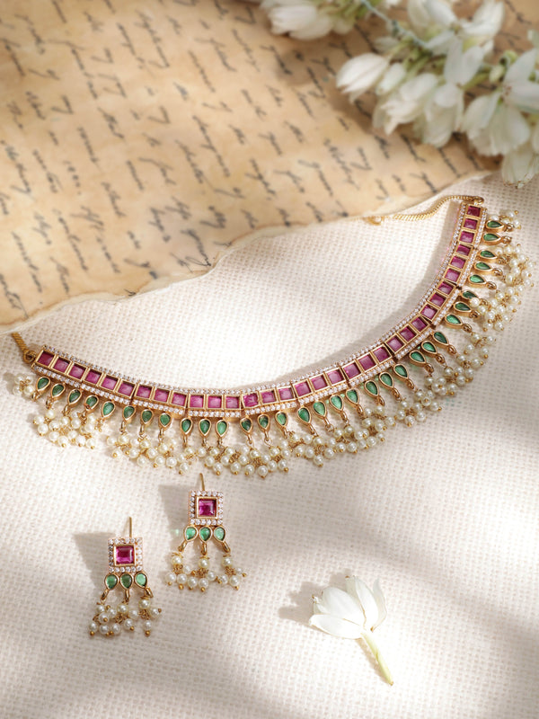 Rubans 22 KT Gold-Plated CZ-Studded  Pearl-Beaded Jewellery Set