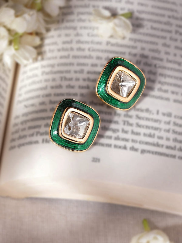 Rubans 22K Antique Gold Crystal Studded Green Enamel Stud Earrings