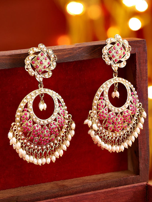 Rubans 22K Antique Gold Plated Ruby Zirconia & Pearl Studded Statement Chandbali Earring