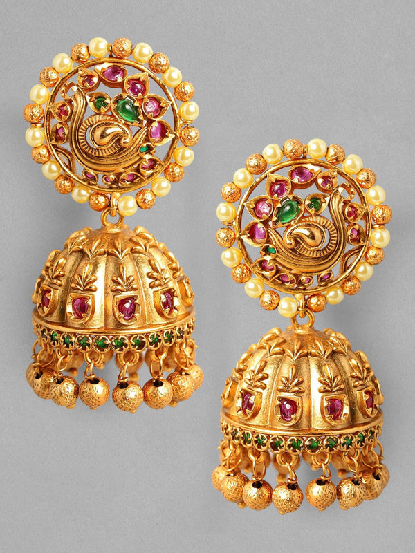 Rubans 22K Gold Plated Handcrafted Traditional Temple Jhumka Earrings