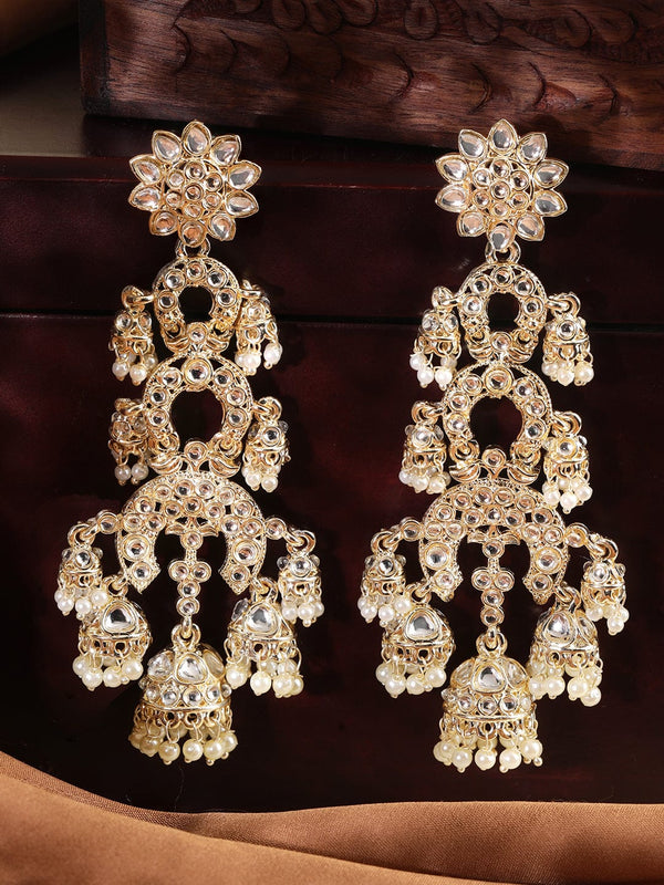 Rubans 22K Gold plated Pearl beaded Kundan Long Dangling Earrings