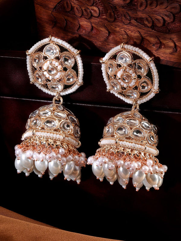 Rubans 22K Rose Gold Pearl dangle Statement Jhumka Earrings