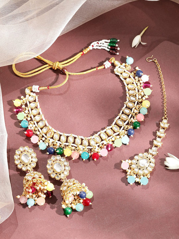 Rubans 22KT Gold Plated American Diamond Studded Multicolor Beaded Jewellery Set