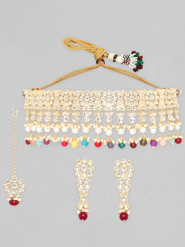 Rubans 24K Gold Plated Kundan Stone Studded Multicolour Pearl & Beads Necklace Set