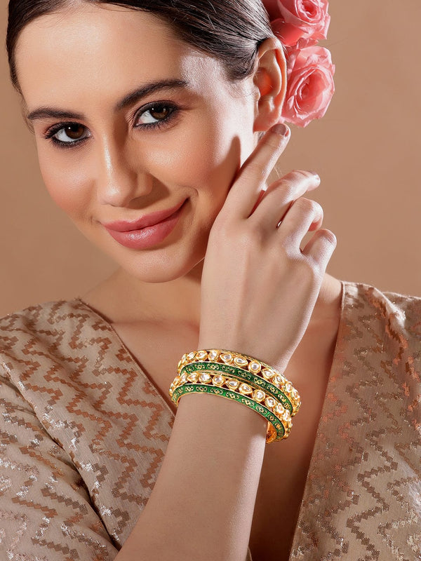 As Seen On Adah Sharma - Rubans 24K Gold Plated Kundan Studded Green Enamel Bangles