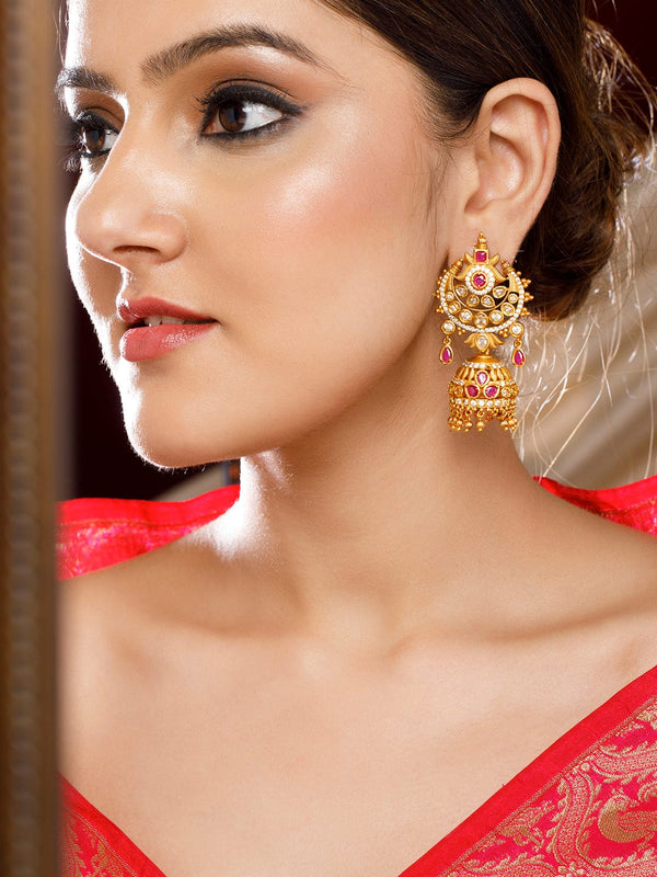 Rubans 24K Gold Plated Ruby and AD studded Jhumka earring.