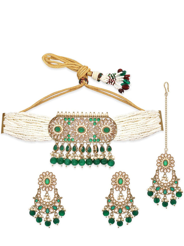 Rubans 24K Gold toned Reverse AD & Green Beaded Jewellery Set