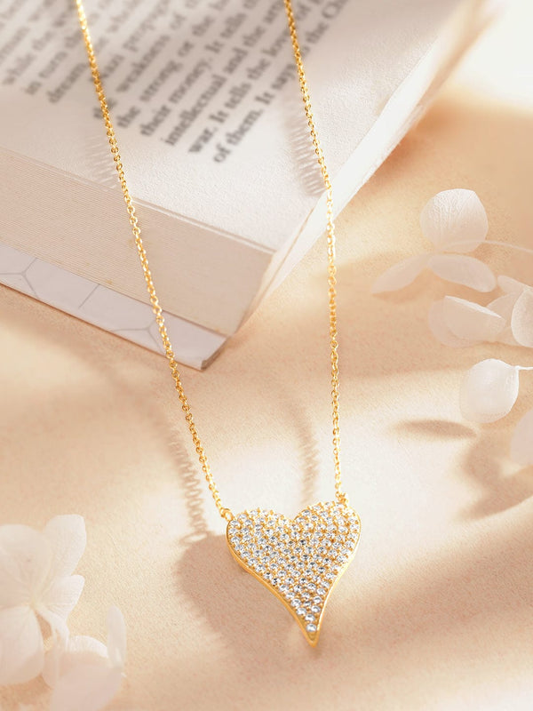 Rubans 925 Silver, 18K Gold Plated Chain With Zircon Studded Heart Pendant Necklace