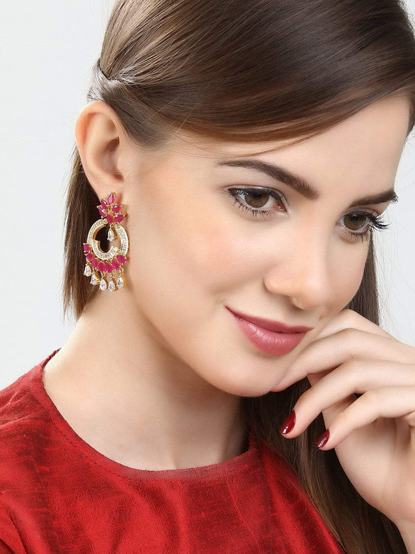 Rubans Finely Handcrafted Gold Plated CZ and Faux Ruby Stone Studded Chandbali Earrings