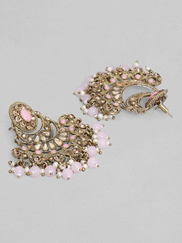 Rubans Gold Plated AD Studded with Pink Beads Chandbali Earrings