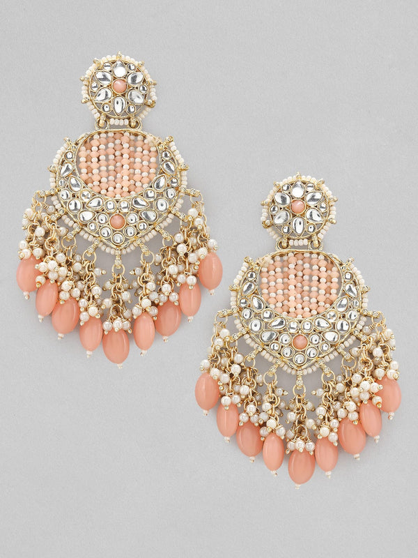 Rubans Gold Plated Chandbali Earrings With Golden And Pink Beads