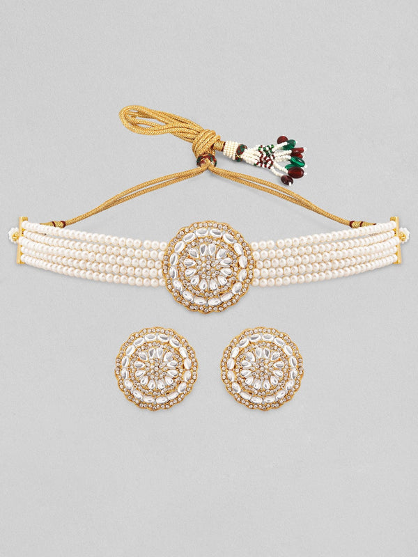 Rubans Gold Plated Elegant Kundan Choker Set With White Beads.