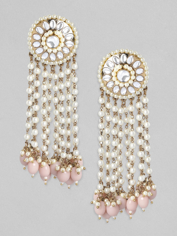 Rubans Gold Plated Handcrafted Kundan & Pink Beads Drop Earrings