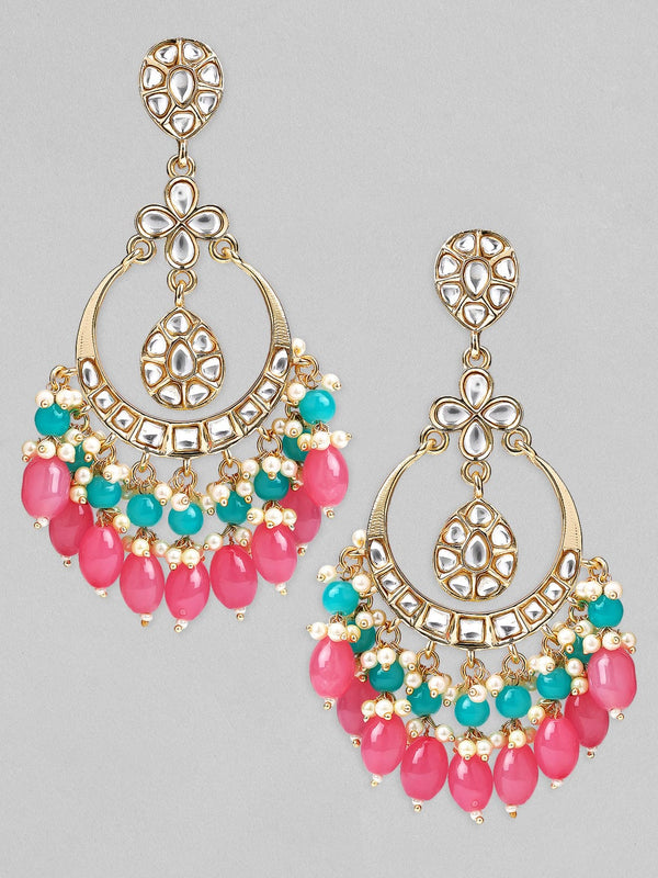 Rubans Gold Plated Handcrafted  Kundan Studded Pink And Blue Beaded Chandbali Earrings