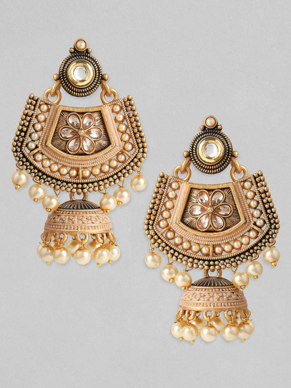 Rubans Gold Plated Handcrafted Kundan with Pearls Chandbali Jhumka Earrings