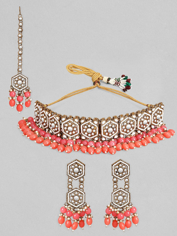 Rubans Gold Plated Handcrafted Mirror Pink Beaded Necklace Set