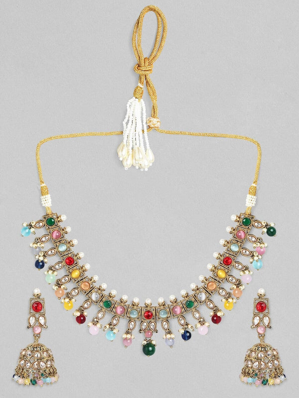 Rubans Gold Plated Multicolor Stone Studded with Beads Necklace Set