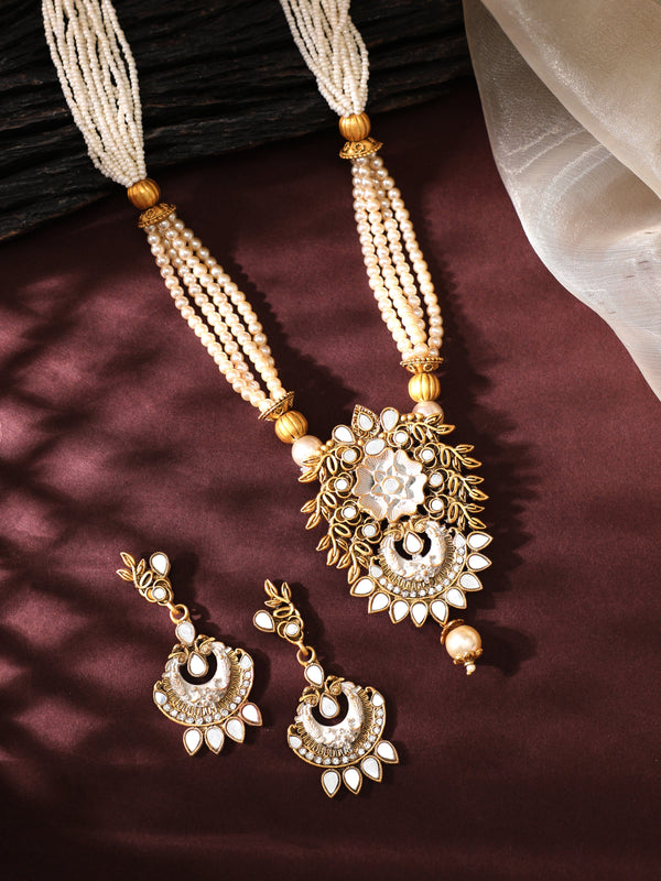 Rubans Gold Plated Pearl Beaded Mirror Studded Necklace Set.