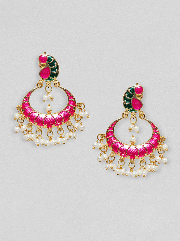 Rubans Gold Plated Pink And Green Enamelled Earrings With Peacock Design