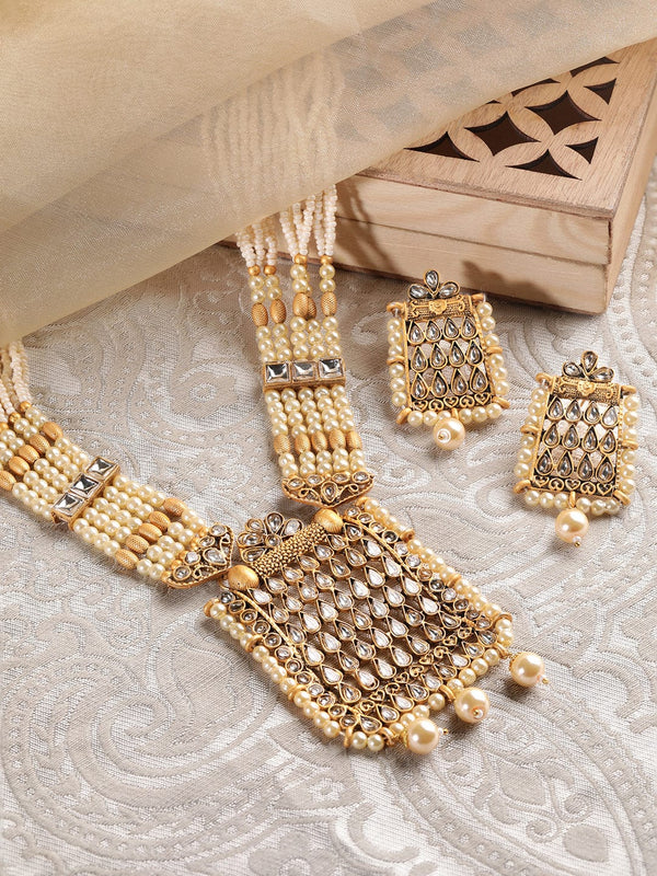 Rubans Gold-Toned Pendant with White Beads Hanging on a Beaded Chain Necklace Set