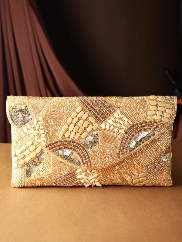 Rubans Golden Glamour Handcrafted Crystal Beaded Clutch with Gold Tone Embellishments