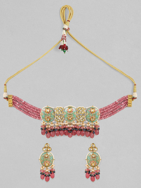 Rubans Luxury 24K Gold-Plated & Green Enamel And Kundan Stone Beaded Handcrafted Jewellery Set