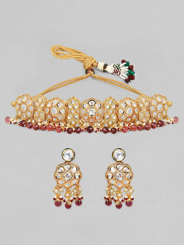 Rubans Luxury 24K Gold Plated Handcrafted Kundan Stone & Maroon Beads Necklace Set