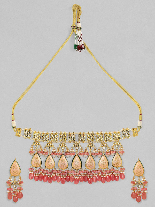 Rubans Luxury 24K Gold Plated Handcrafted Pink Enamel & Pachi Kundan with Pearls Necklace Set