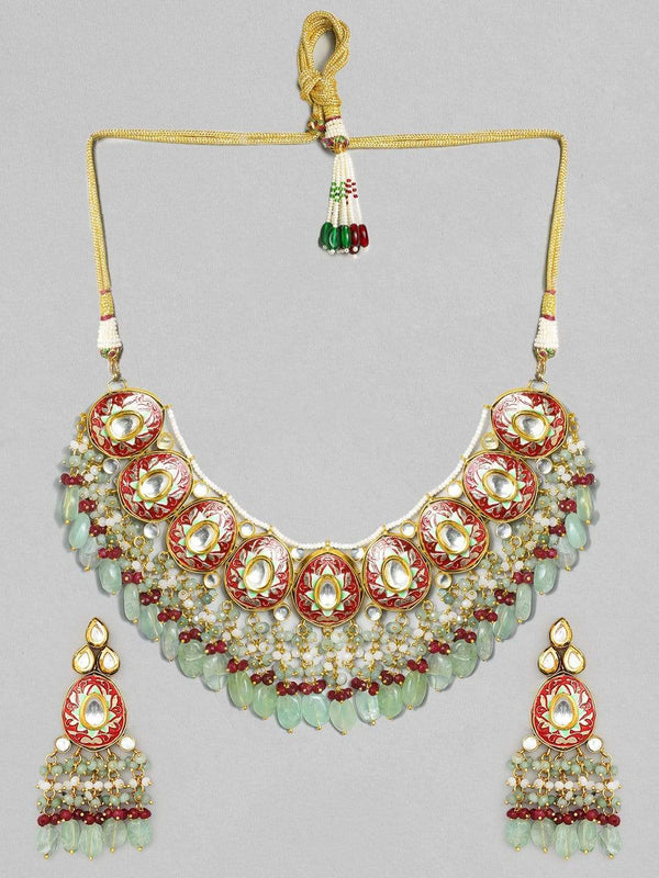 Rubans LUXURY Intricately Handcrafted  22Kt Gold Plated Traditional Red And Green Necklace Set