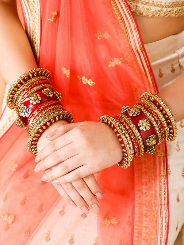 Rubans Maroon And White Color Bridal Chura With Floral Design And Studded AD.