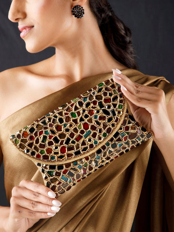 Rubans Multicolour Stone Studded Clutch Bag With Golden Embroided Design.