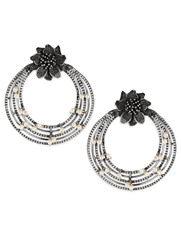 Rubans Oxidised Silver Plated Handcrafted Floral Chandbali Earrings