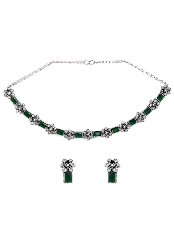 Rubans Oxidised Silver Plated Handcrafted Green Stone Floral Necklace Set