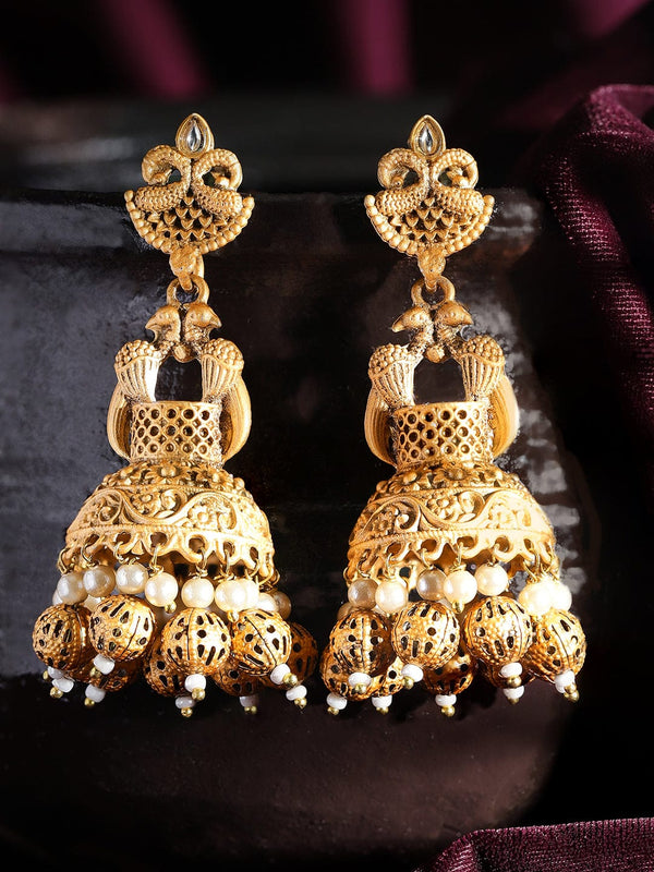 Rubans Peacock Gold Jhumka with Matte Finish and Golden Beads Hanging