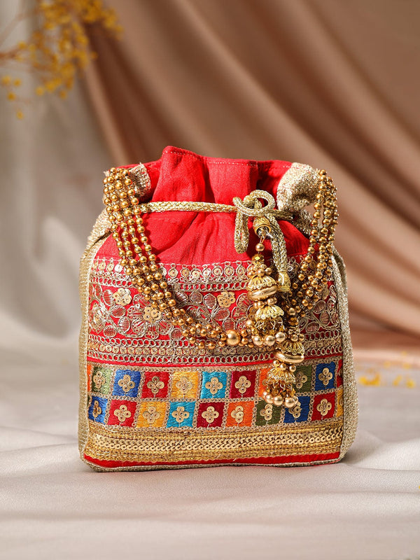 Rubans Red Coloured Potli Bag With Multicoloured Embroidery Design