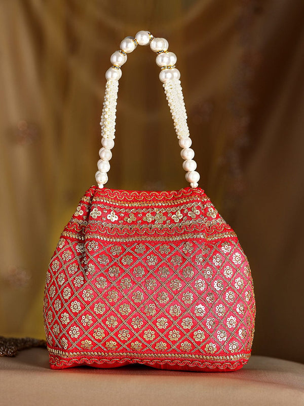 Rubans Red Coloured Potli Handbag With Golden Embroidery And Pearls