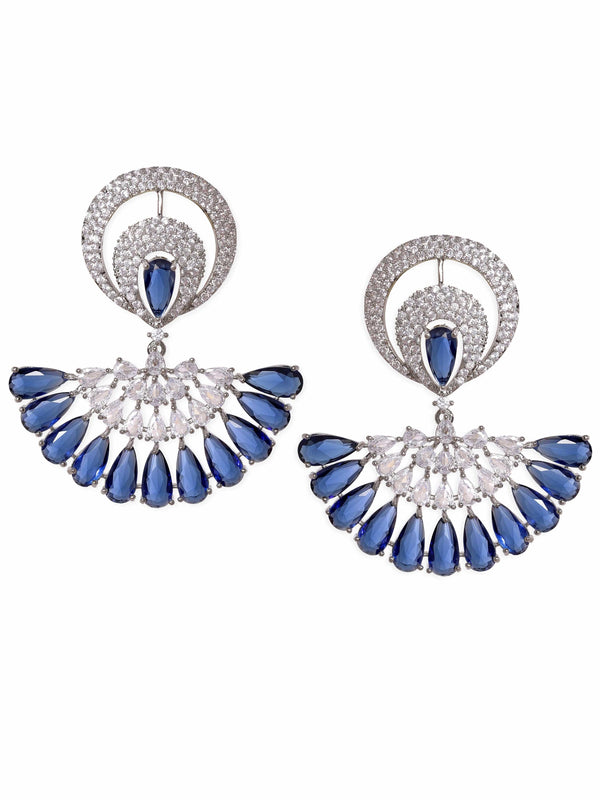 Rubans Rhodium Plated Blue Sapphire Zirconia Studded Chic Dangle Earrings