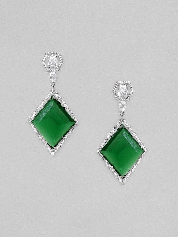 Rubans Rhodium Plated Emerald Green Zirconia Dangle Earrings