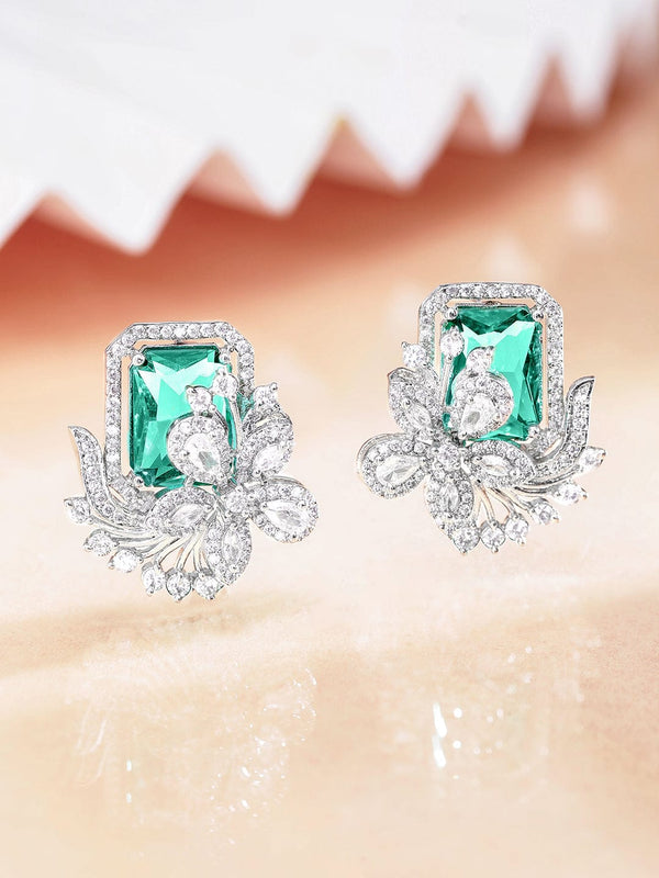 Rubans Rhodium plated Green Zirconia Statement stud Earring