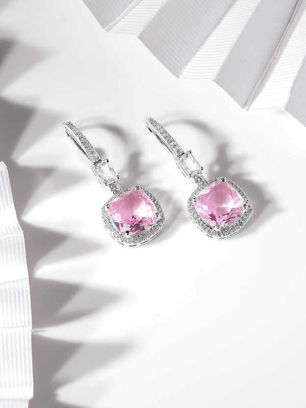 Rubans Rhodium Plated Pink Zirconia Cushion Cut Classy Drop Earring