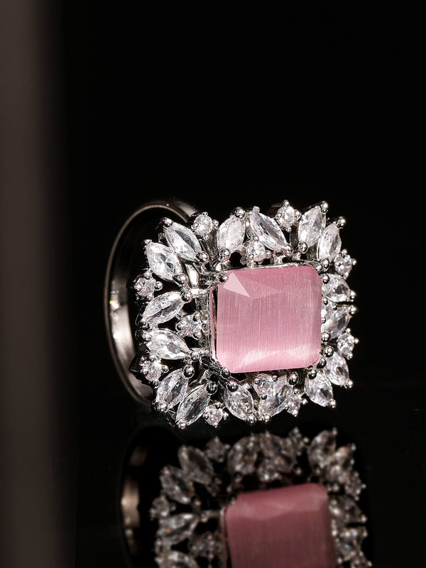 Rubans Rhodium plated pink zirconia studded Statement Ring