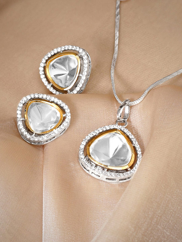 Rubans Rhodium Plated Polki & Zirconia Studded Minimal Tear Drop Pendant Set