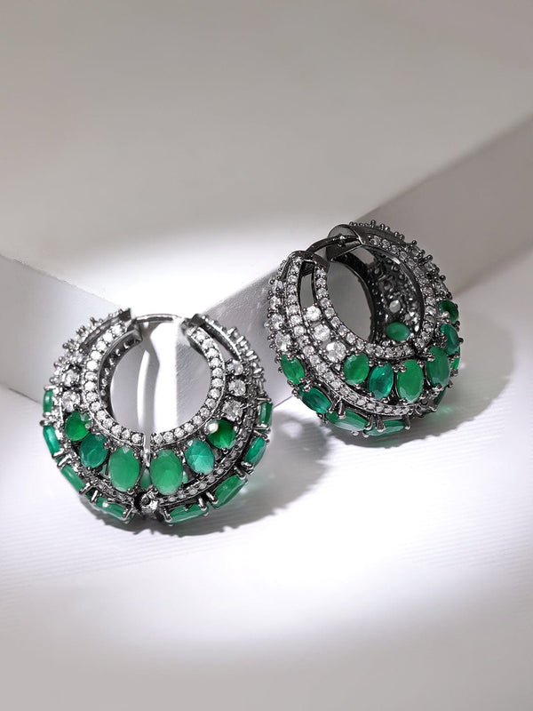 Rubans Rhodium Plated Premium Green Zircons Studded Party Wear Hoop Earrings