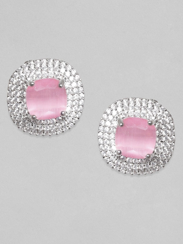 Rubans Rhodium Plated Premium White & Pink Saphire Zircons Stud Earring.