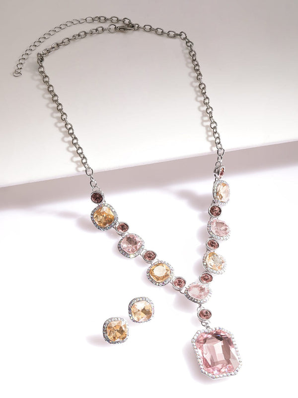 Rubans Rhodium-Plated Royal Kaleidoscopic Zirconia Embellished Cherry Blossom Necklace set