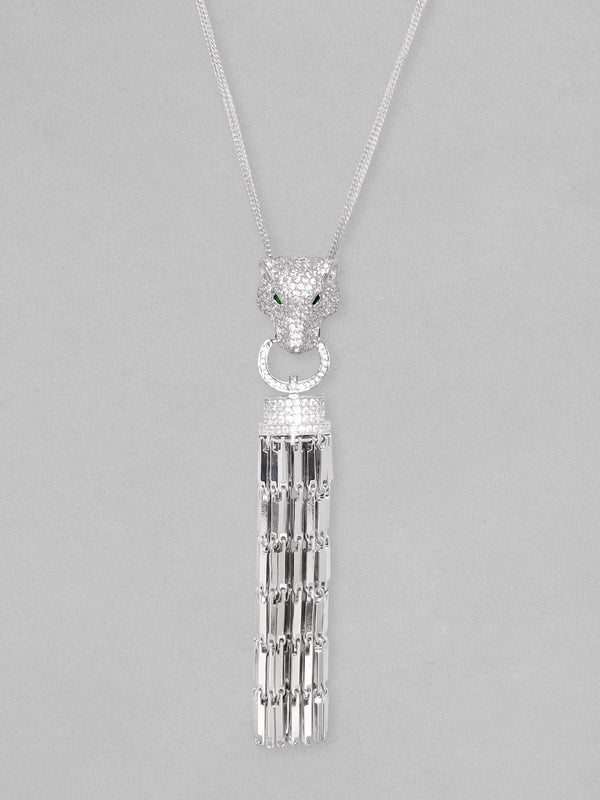 Rhodium plated Brilliant Cut Crystal Zirconia Panther Motif & Tassels Pendant Chain Necklace