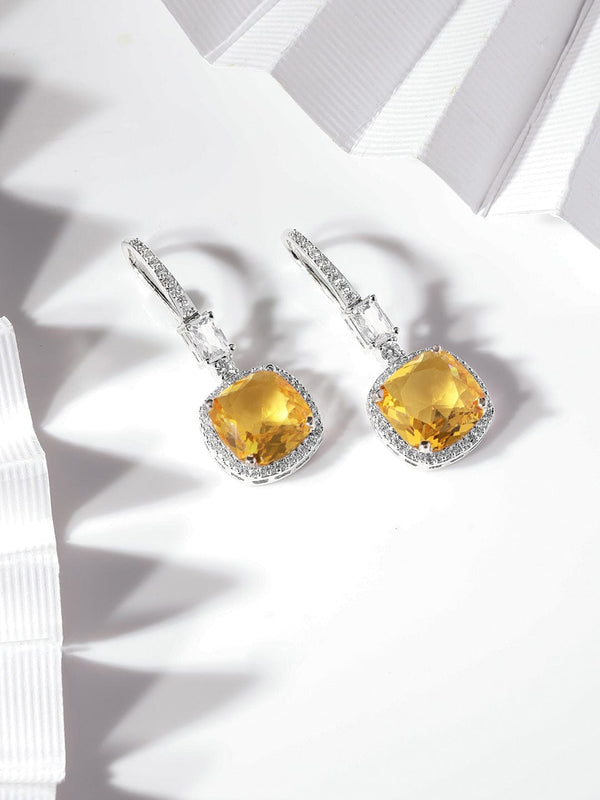 Rubans Rhodium Plated Yellow Sapphire  Zirconia Cushion Cut Classy Drop Earring