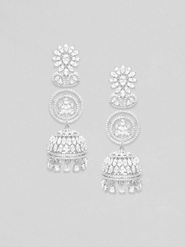 Rubans Rhodium Plated Zirconia Studded Jhumka Earrings