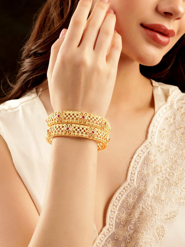 Rubans Set of 2, 22K Gold plated Kemp stone studded Filigree detail statement bangles  " Bangles & Bracelets